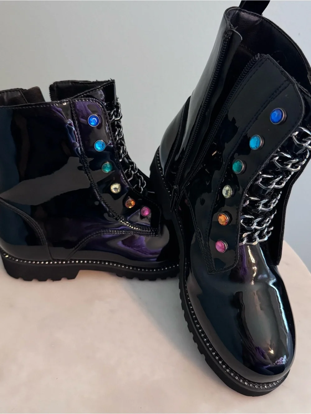 Kurt Geiger Black Patent Combat Boots with Multicolor Studs Girls' Mini Bax Boot